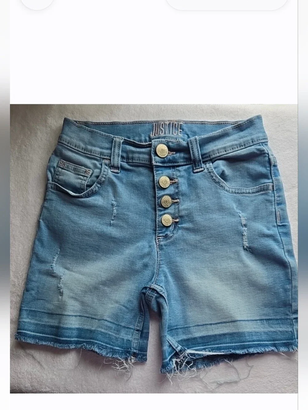Justice Light Wash Distressed Jean Shorts High Waisted Button Fly Sz 12
